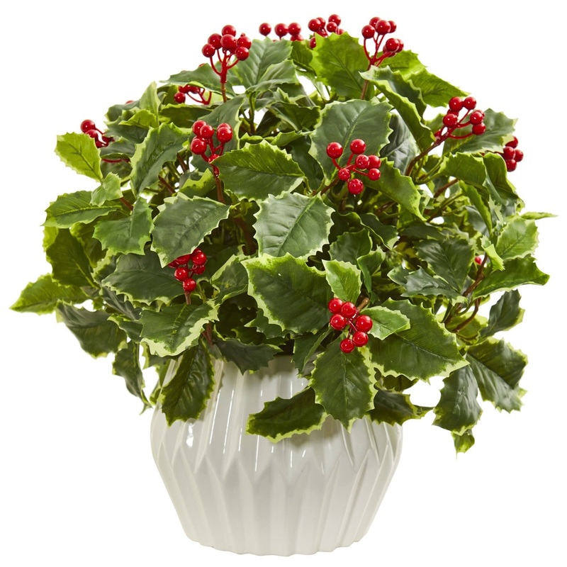 15 Holly Leaf Artificial Plant in White Vase (Real Touch)