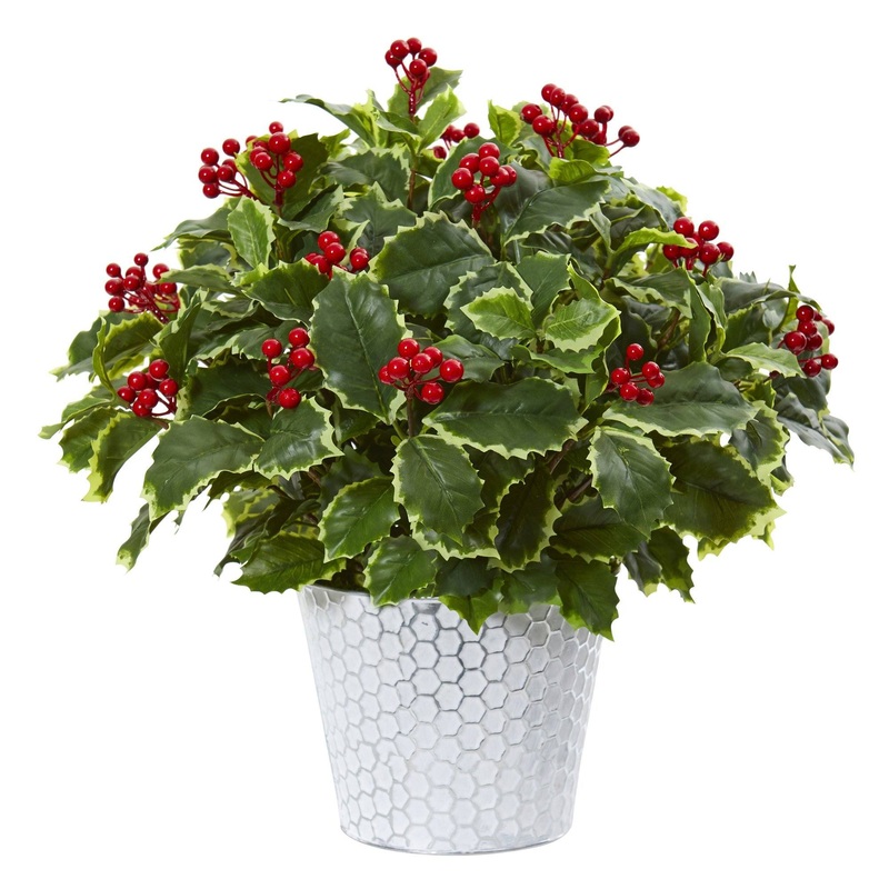 17 Variegated Holly Leaf Artificial Plant in Decorative Planter (Real Touch)