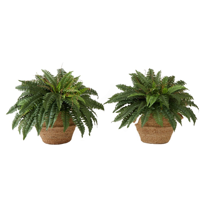 23 Artificial Boston Fern Plant with Handmade Jute & Cotton Basket with Handles DIY KIT - Set of 2