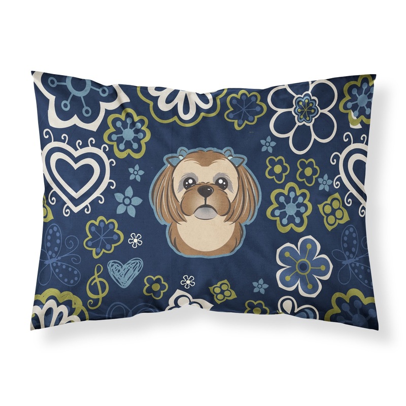 Blue Flowers Chocolate Brown Shih Tzu Fabric Standard Pillowcase  Artistic Decorative Front, White Back BB5100PILLOWCASE