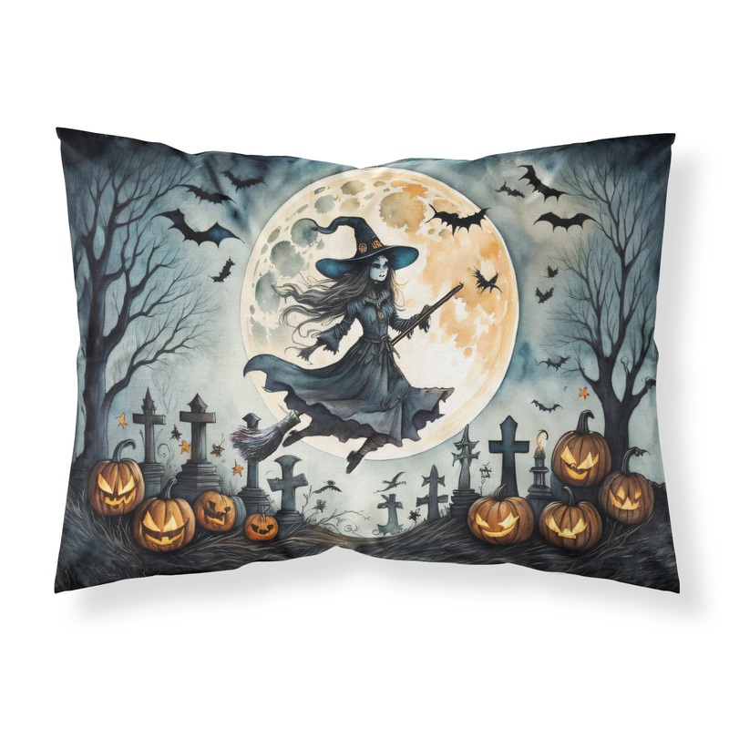 Flying Witch Spooky Halloween Fabric Standard Pillowcase  Artistic Decorative Front, White Back