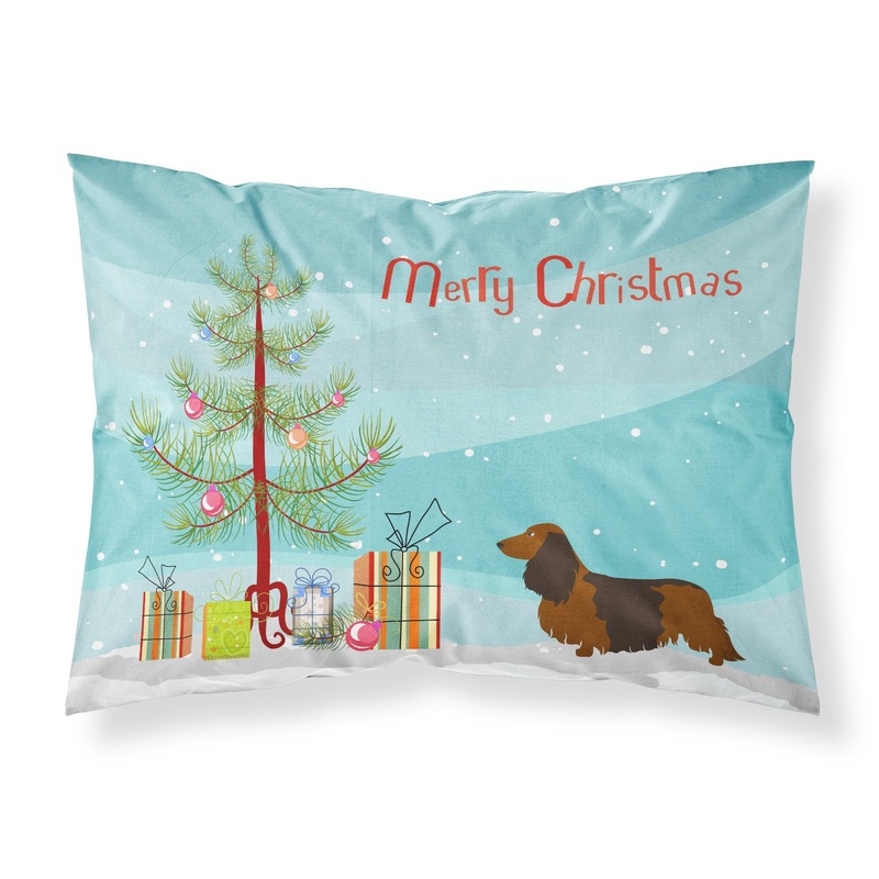 Longhaired Dachshund Christmas Fabric Standard Pillowcase  Artistic Decorative Front, White Back BB8449PILLOWCASE