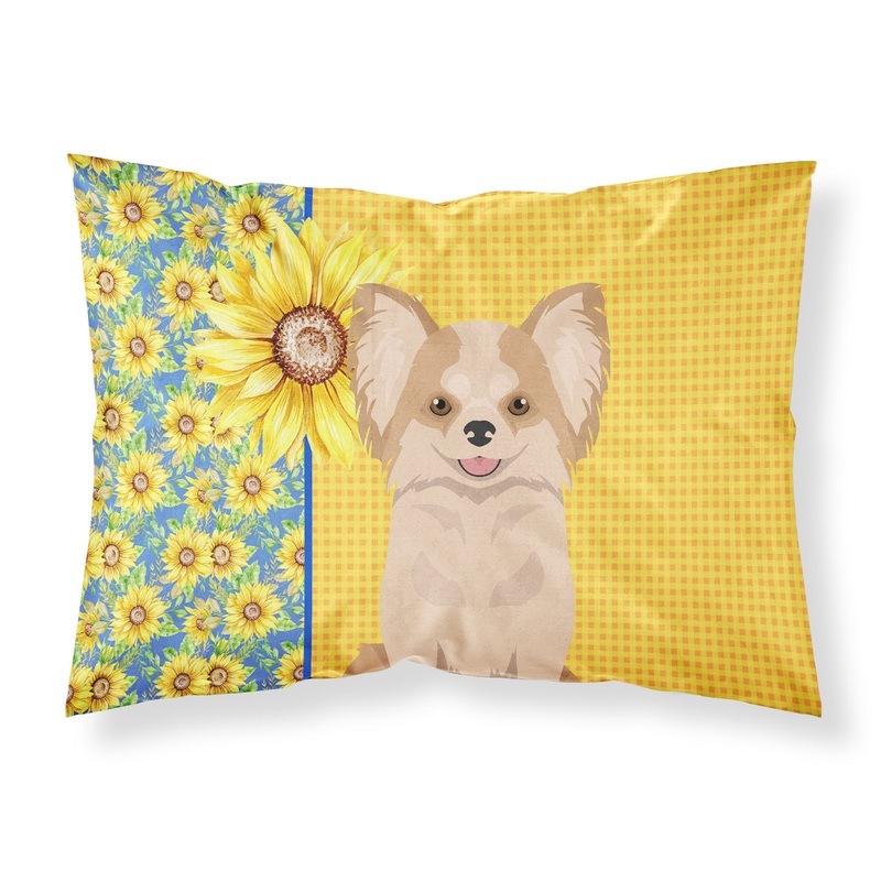 Summer Sunflowers Longhaired Gold and White Chihuahua Fabric Standard Pillowcase  Artistic Decorative Front, White Back