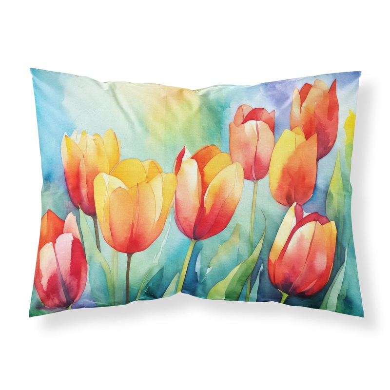 Tulips in Watercolor Fabric Standard Pillowcase  Artistic Decorative Front, White Back