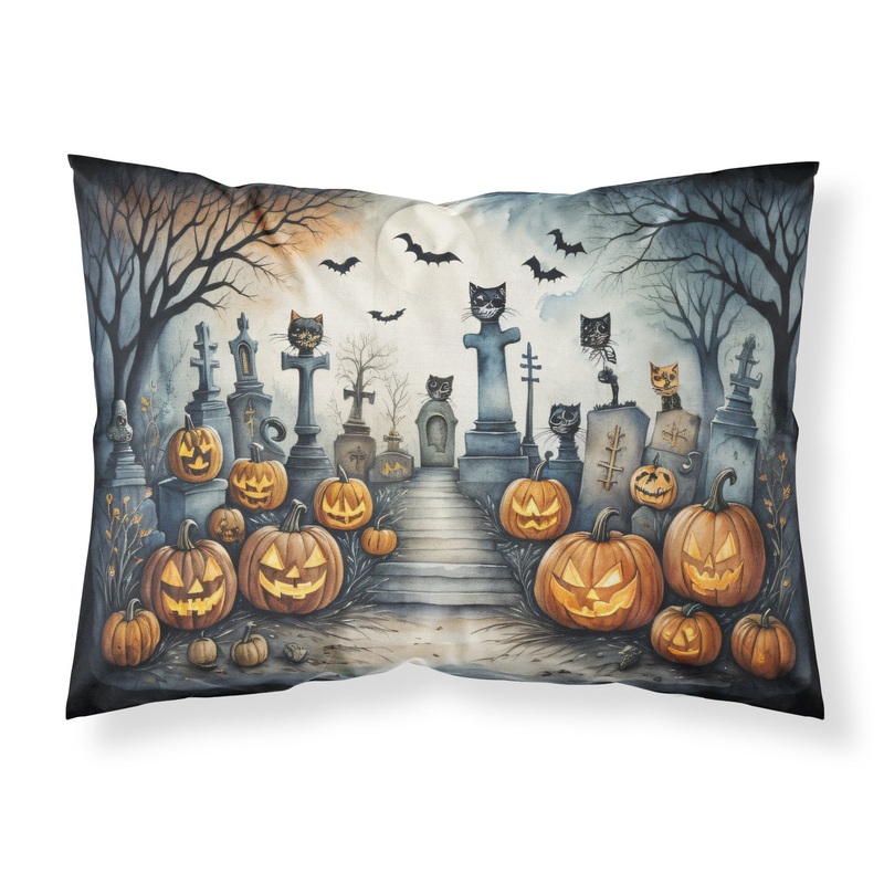 Cat Cemetery Spooky Halloween Fabric Standard Pillowcase  Artistic Decorative Front, White Back