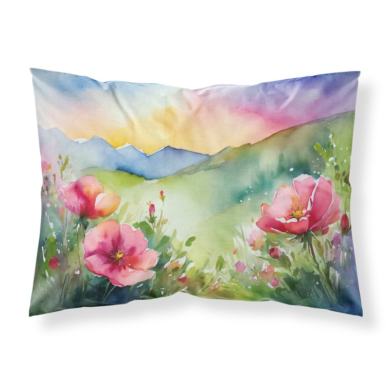 North Dakota Wild Prairie Roses in Watercolor Fabric Standard Pillowcase  Artistic Decorative Front, White Back