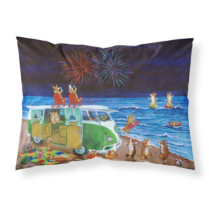 Corgi Beach Party Volkswagon Bus Fireworks Fabric Standard Pillowcase  Artistic Decorative Front, White Back 7317PILLOWCASE