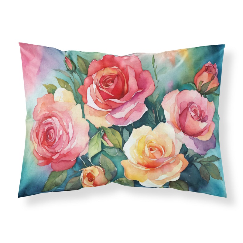 Oklahoma Roses in Watercolor Fabric Standard Pillowcase  Artistic Decorative Front, White Back