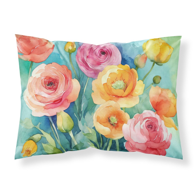 Ranunculus in Watercolor Fabric Standard Pillowcase  Artistic Decorative Front, White Back