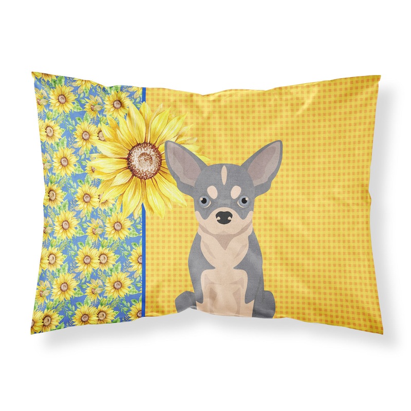 Summer Sunflowers Blue and White Chihuahua Fabric Standard Pillowcase  Artistic Decorative Front, White Back