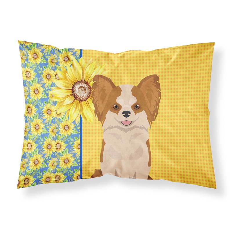 Summer Sunflowers Longhaired Red and White Chihuahua Fabric Standard Pillowcase  Artistic Decorative Front, White Back