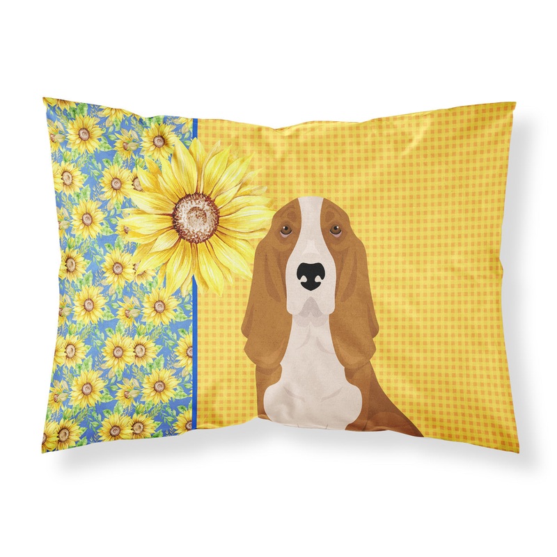 Summer Sunflowers Red and White Tricolor Basset Hound Fabric Standard Pillowcase  Artistic Decorative Front, White Back