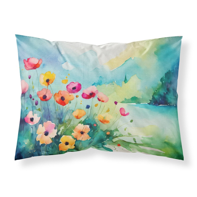 Anemones in Watercolor Fabric Standard Pillowcase  Artistic Decorative Front, White Back
