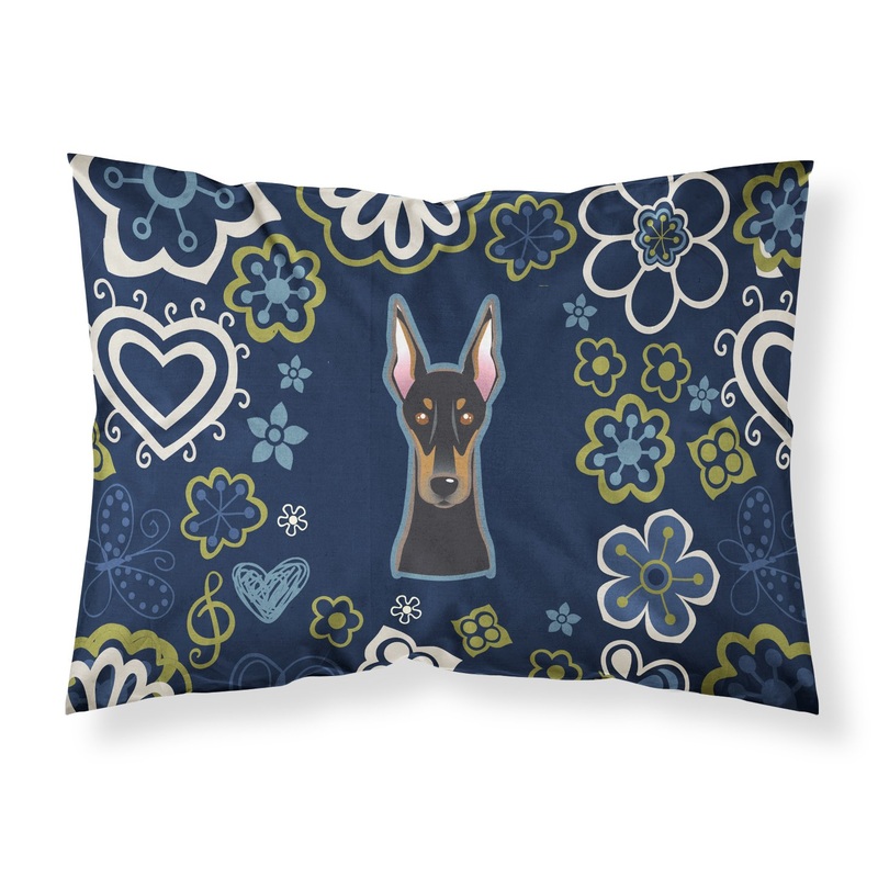 Blue Flowers Doberman Pinscher Fabric Standard Pillowcase  Artistic Decorative Front, White Back BB5096PILLOWCASE