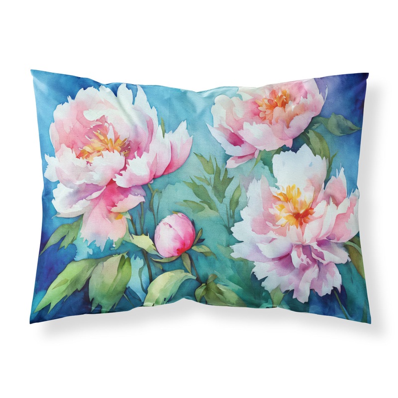 Peonies in Watercolor Fabric Standard Pillowcase  Artistic Decorative Front, White Back