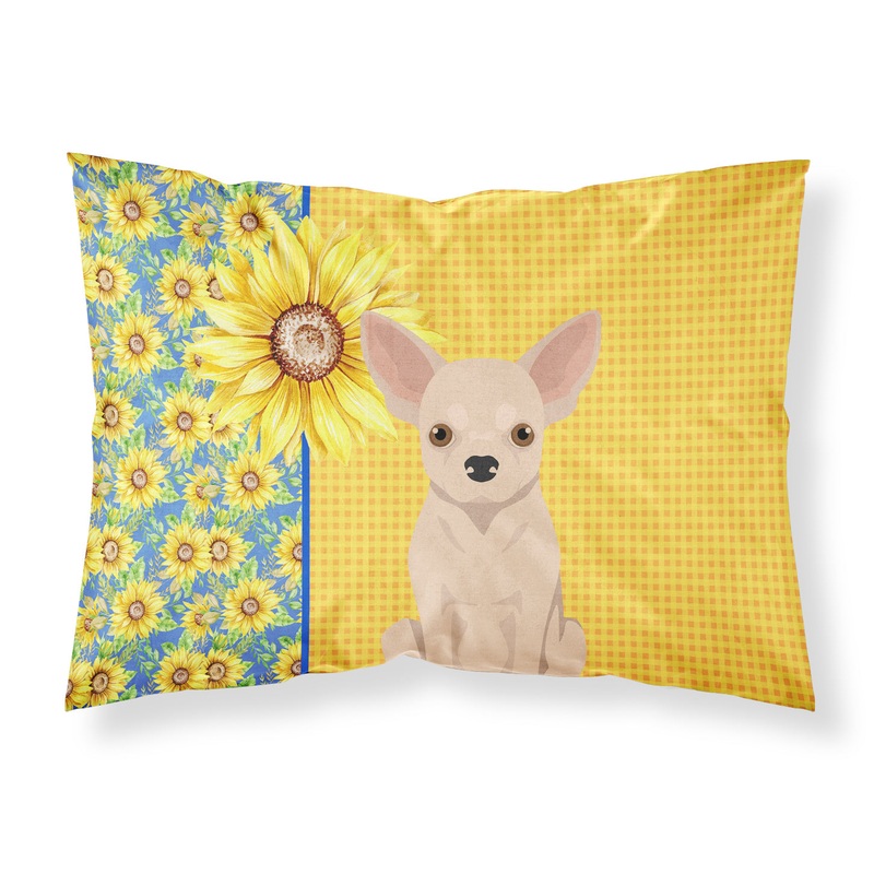 Summer Sunflowers Fawn Chihuahua Fabric Standard Pillowcase  Artistic Decorative Front, White Back