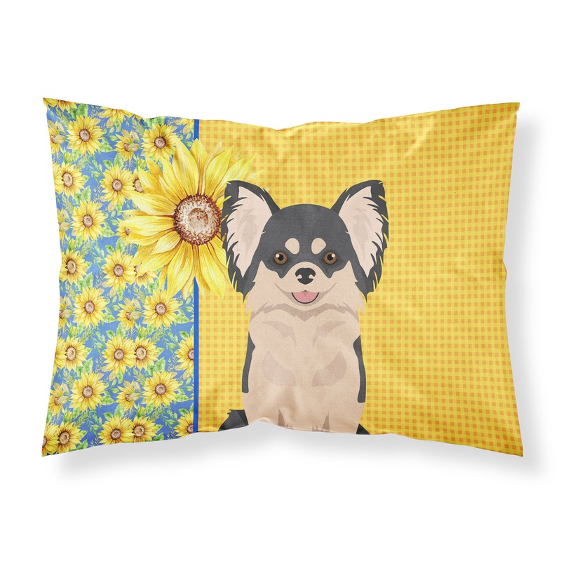 Summer Sunflowers Longhaired Black and White Chihuahua Fabric Standard Pillowcase  Artistic Decorative Front, White Back