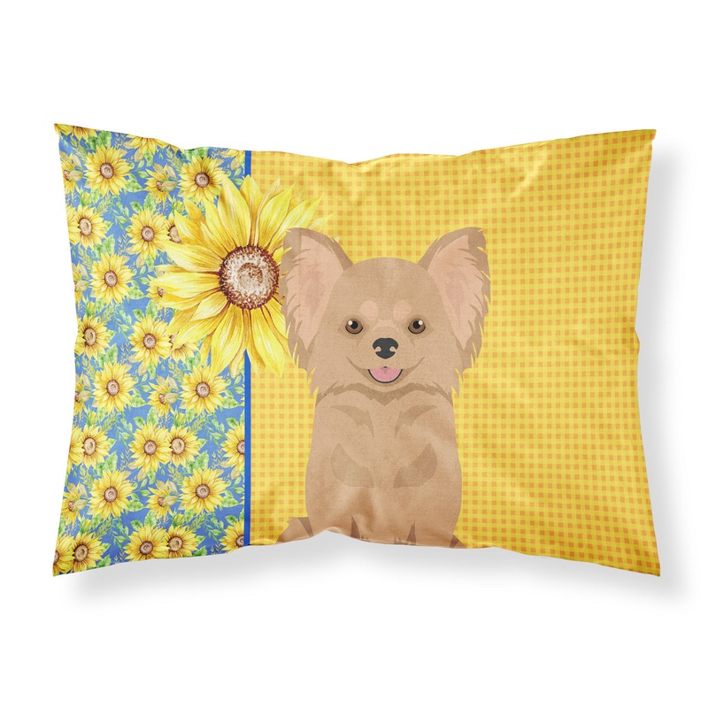 Summer Sunflowers Longhaired Gold Chihuahua Fabric Standard Pillowcase  Artistic Decorative Front, White Back