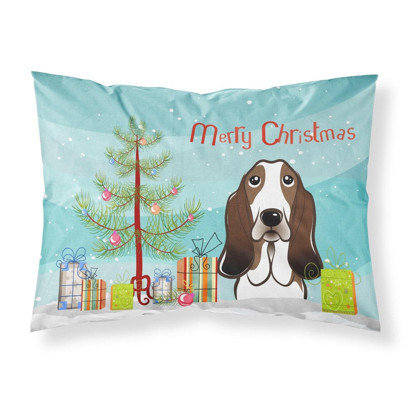 Christmas Tree and Basset Hound Fabric Standard Pillowcase  Artistic Decorative Front, White Back BB1615PILLOWCASE