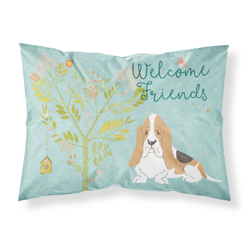 Welcome Friends Basset Hound Fabric Standard Pillowcase  Artistic Decorative Front, White Back BB7600PILLOWCASE