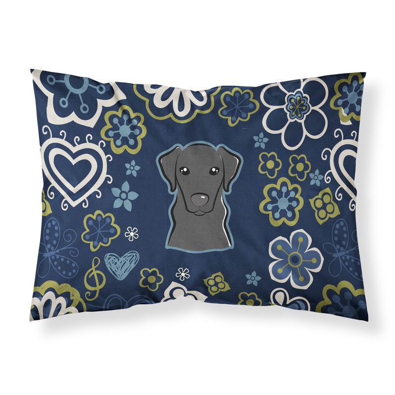 Blue Flowers Black Labrador Fabric Standard Pillowcase  Artistic Decorative Front, White Back BB5086PILLOWCASE