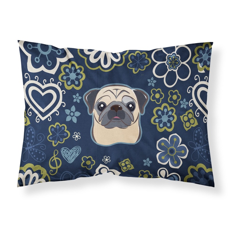Blue Flowers Fawn Pug Fabric Standard Pillowcase  Artistic Decorative Front, White Back BB5113PILLOWCASE