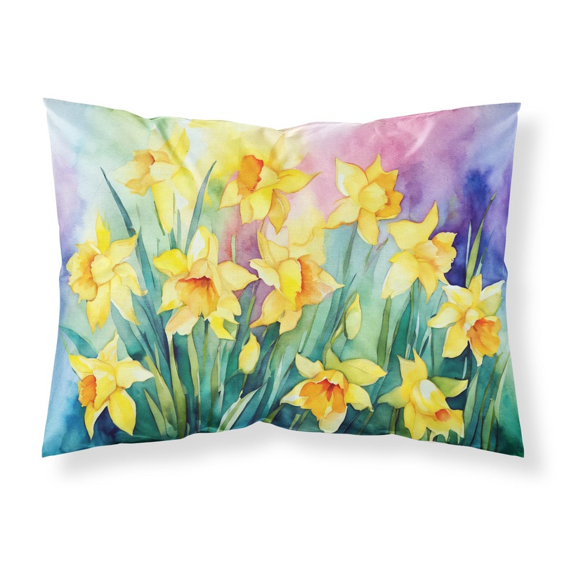 Daffodils in Watercolor Fabric Standard Pillowcase  Artistic Decorative Front, White Back