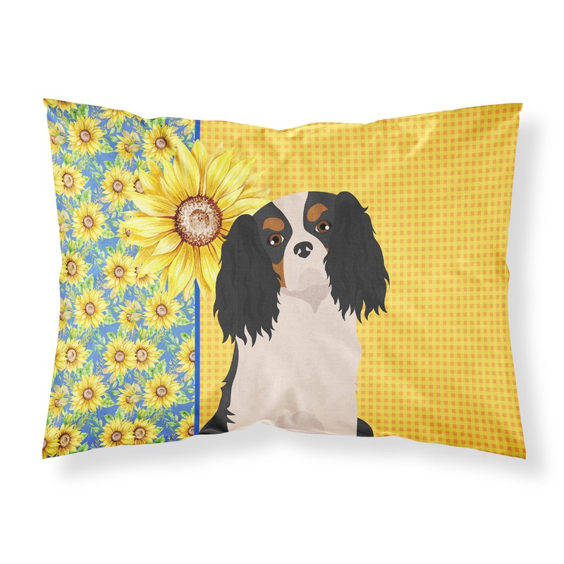 Summer Sunflowers Tricolor Cavalier Spaniel Fabric Standard Pillowcase  Artistic Decorative Front, White Back