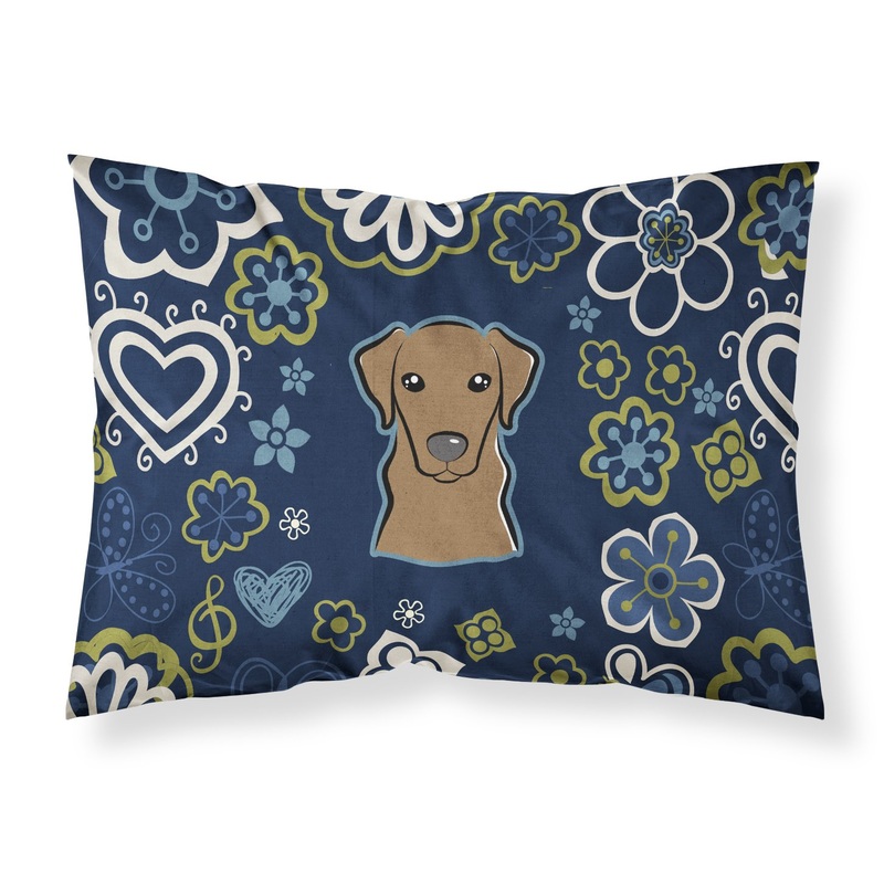 Blue Flowers Chocolate Labrador Fabric Standard Pillowcase  Artistic Decorative Front, White Back BB5085PILLOWCASE