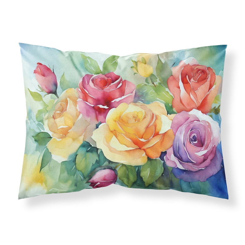Roses in Watercolor Fabric Standard Pillowcase  Artistic Decorative Front, White Back