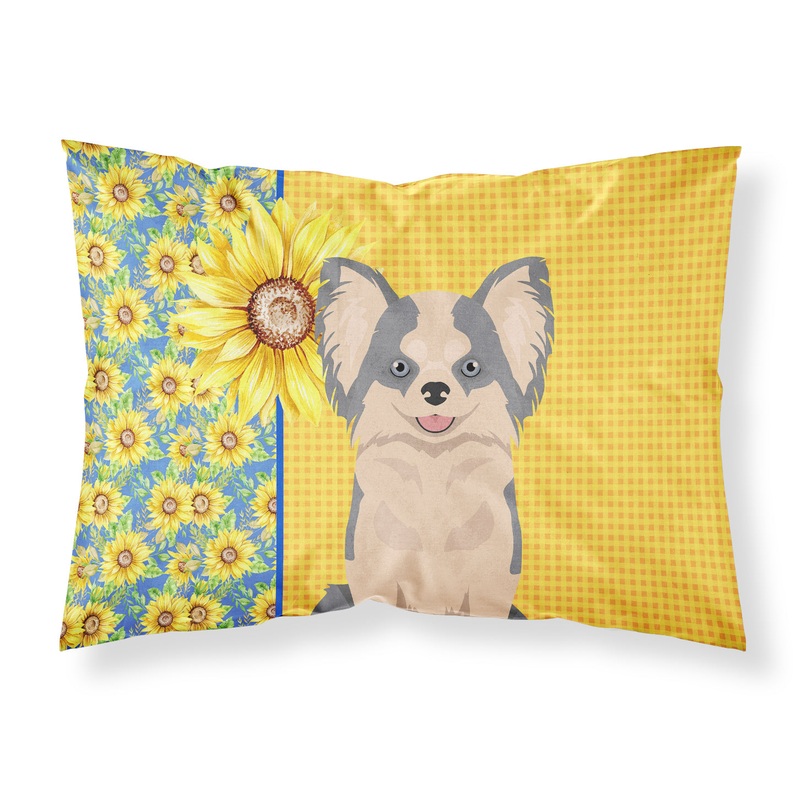 Summer Sunflowers Longhaired Blue and White Chihuahua Fabric Standard Pillowcase  Artistic Decorative Front, White Back