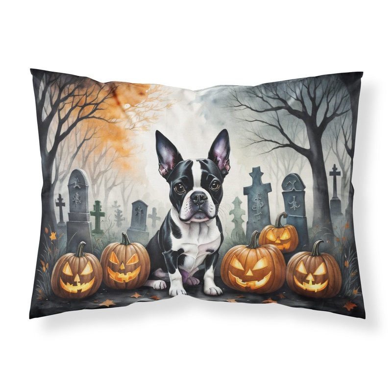 Boston Terrier Spooky Halloween Fabric Standard Pillowcase  Artistic Decorative Front, White Back