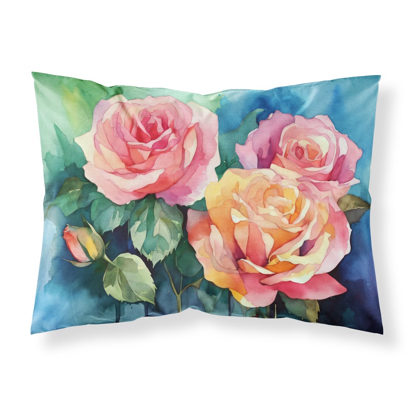 New York Roses in Watercolor Fabric Standard Pillowcase  Artistic Decorative Front, White Back