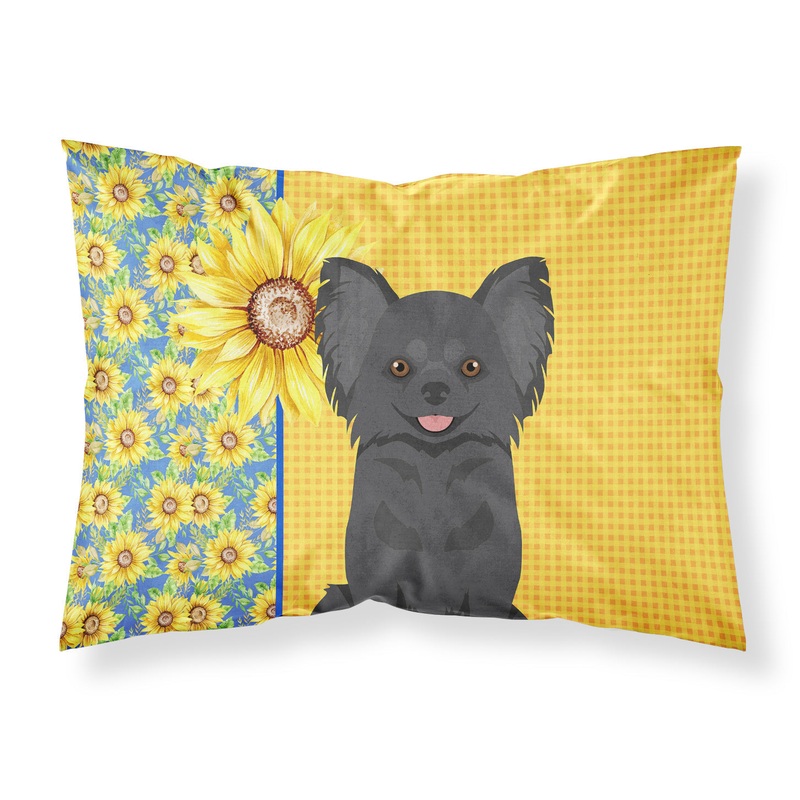 Summer Sunflowers Longhaired Black Chihuahua Fabric Standard Pillowcase  Artistic Decorative Front, White Back