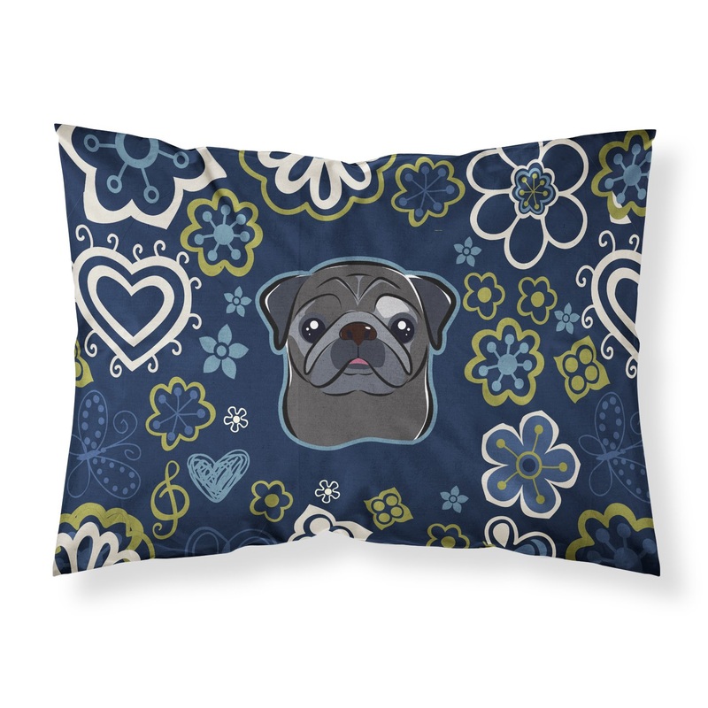 Blue Flowers Black Pug Fabric Standard Pillowcase  Artistic Decorative Front, White Back BB5114PILLOWCASE