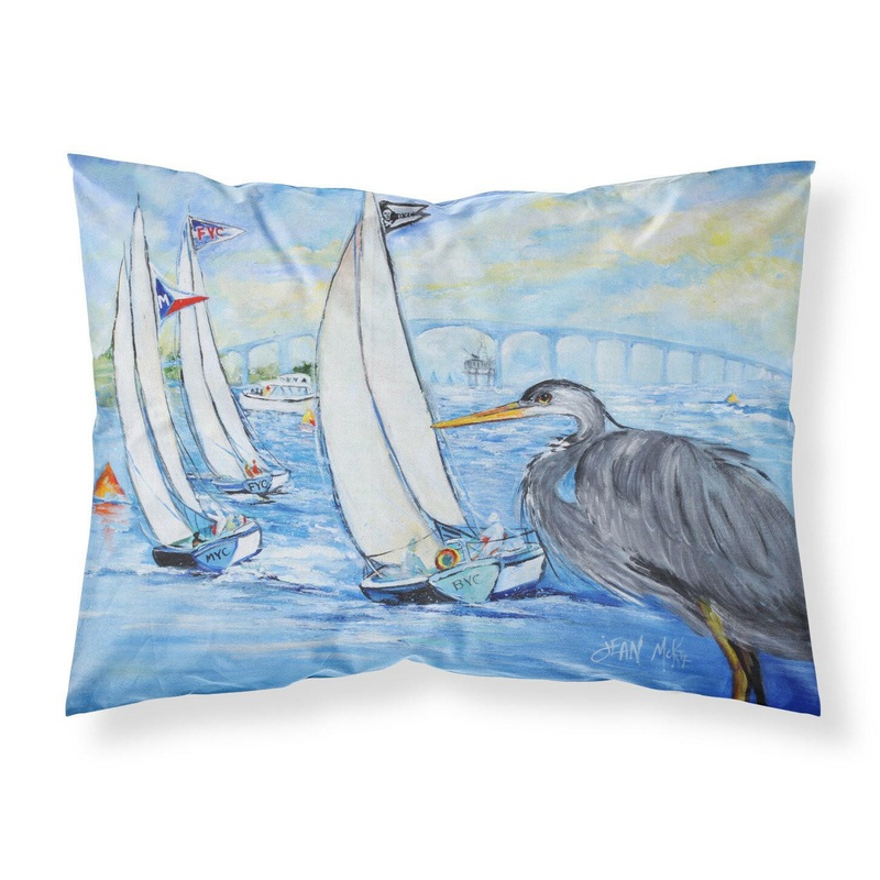 Blue Heron Sailboats Dog River Bridge Fabric Standard Pillowcase  Artistic Decorative Front, White Back