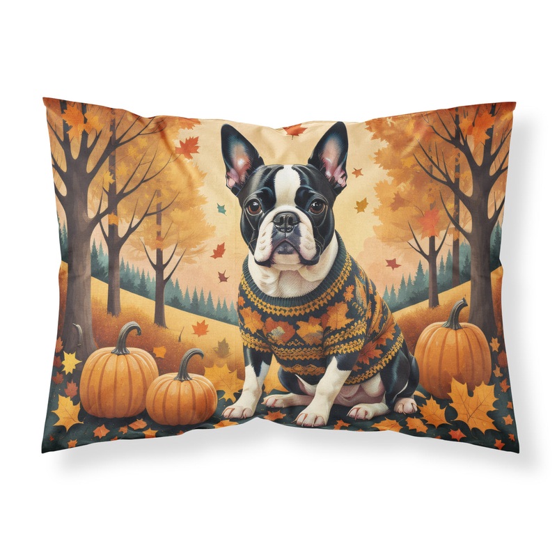 Boston Terrier Fall Fabric Standard Pillowcase  Artistic Decorative Front, White Back