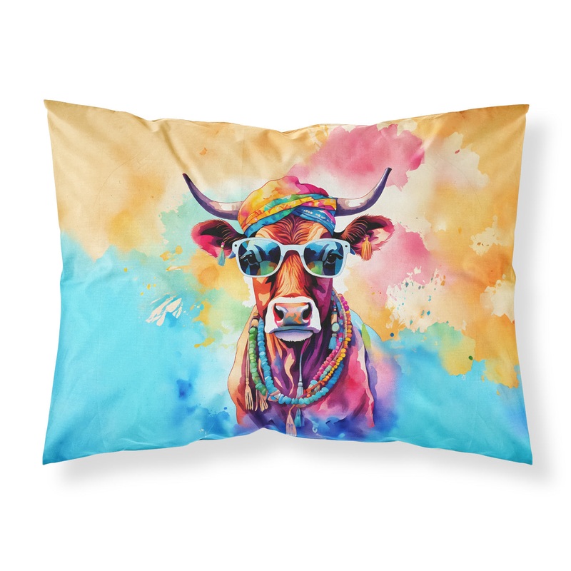 Hippie Animal Cow Standard Pillowcase  Artistic Decorative Front, White Back