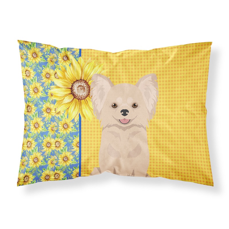 Summer Sunflowers Longhaired Cream Chihuahua Fabric Standard Pillowcase  Artistic Decorative Front, White Back