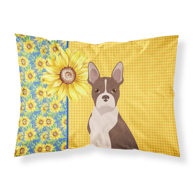 Summer Sunflowers Red Boston Terrier Fabric Standard Pillowcase  Artistic Decorative Front, White Back