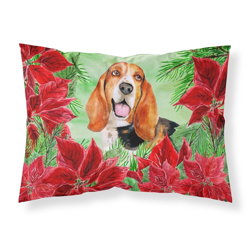 Basset Hound Poinsettas  Standard Pillowcase  Artistic Decorative Front, White Back CK1352PILLOWCASE