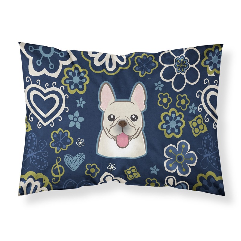 Blue Flowers French Bulldog Fabric Standard Pillowcase  Artistic Decorative Front, White Back BB5089PILLOWCASE