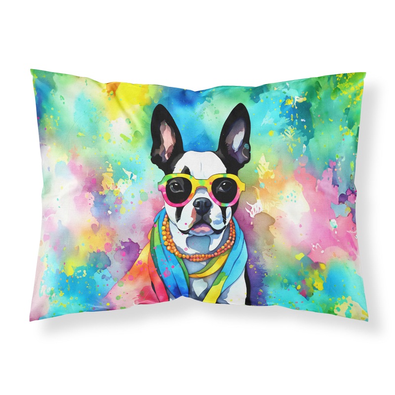 Boston Terrier Hippie Dawg Standard Pillowcase  Artistic Decorative Front, White Back