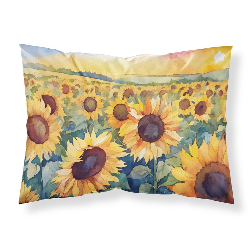 Kansas Sunflowers in Watercolor Fabric Standard Pillowcase  Artistic Decorative Front, White Back