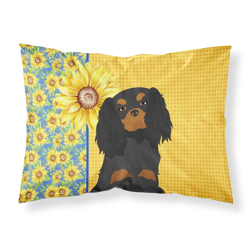 Summer Sunflowers Black and Tan Cavalier Spaniel Fabric Standard Pillowcase  Artistic Decorative Front, White Back