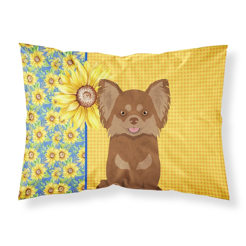 Summer Sunflowers Longhaired Chocolate and Tan Chihuahua Fabric Standard Pillowcase  Artistic Decorative Front, White Back