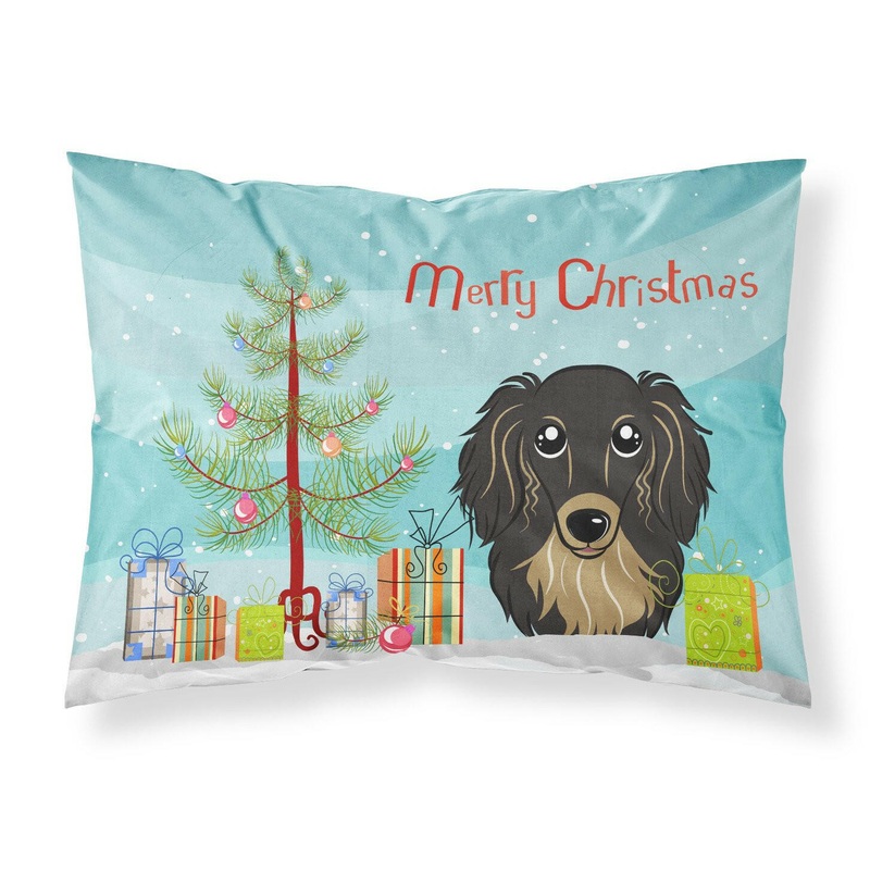 Christmas Tree and Longhair Black and Tan Dachshund Fabric Standard Pillowcase  Artistic Decorative Front, White Back BB1585PILLOWCASE