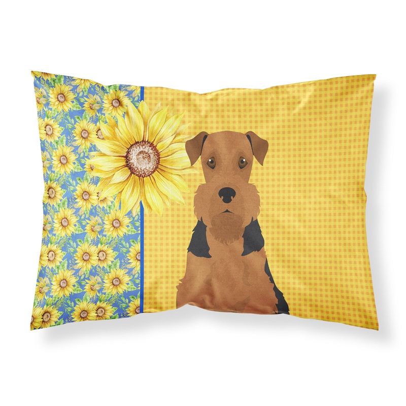 Summer Sunflowers Black and Tan Airedale Terrier Fabric Standard Pillowcase  Artistic Decorative Front, White Back