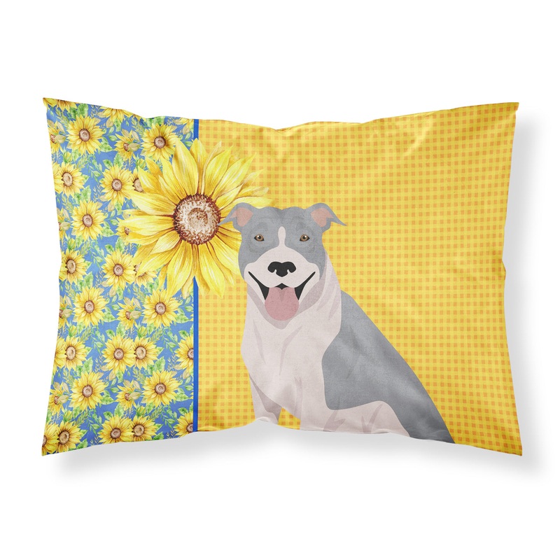 Summer Sunflowers Blue and White Pit Bull Terrier Fabric Standard Pillowcase  Artistic Decorative Front, White Back