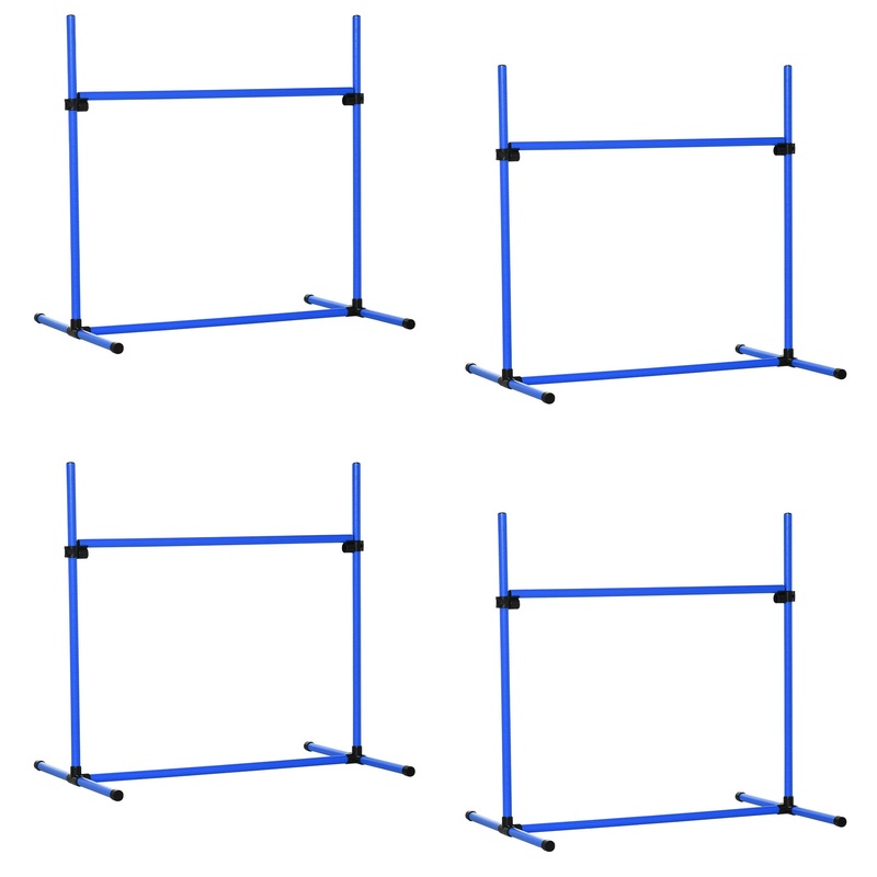 4 Piece Dog Agility Training Equipment for Dog Agility Course with Adjustable Height Jump Bars, Included Carry Bag, & Displacing Top Bar, Blue